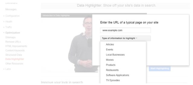 Selects the type of content to mark up - Data-Highlighter